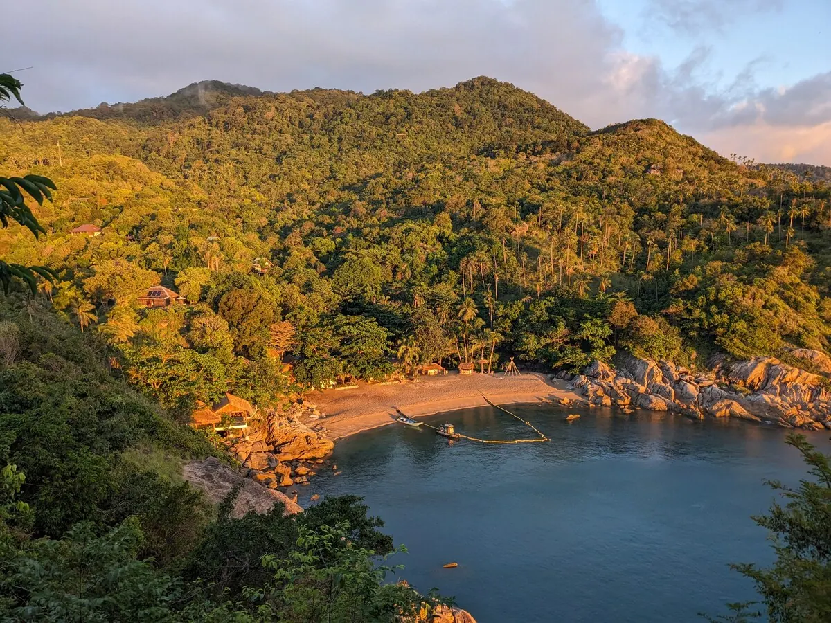 Golden evening light on the hills above Why Nam beach