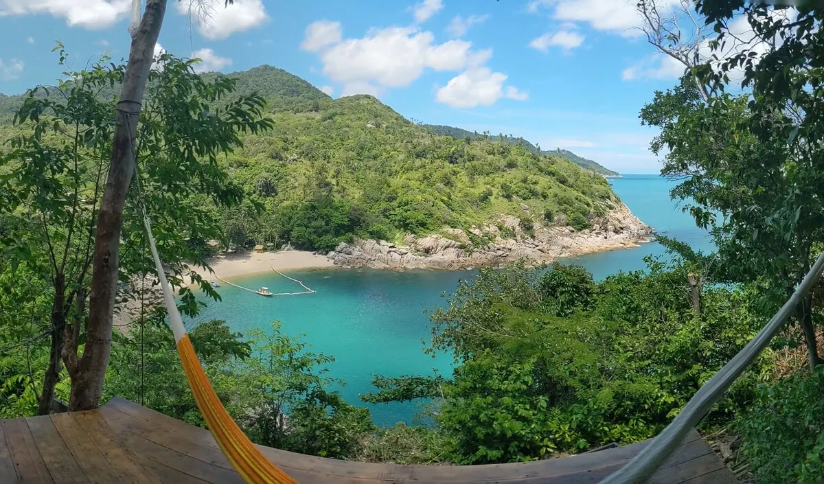 Hammock framing the green bay and headland below the villa